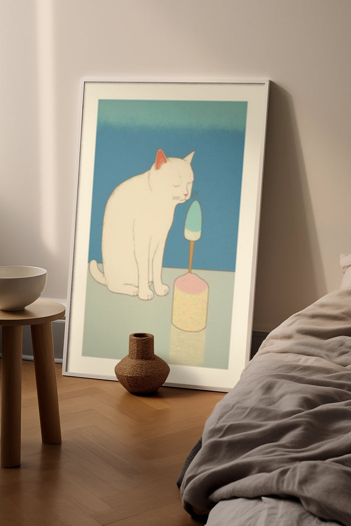 Minimalist artwork of a white cat looking at an ice cream sculpture in a modern home setting