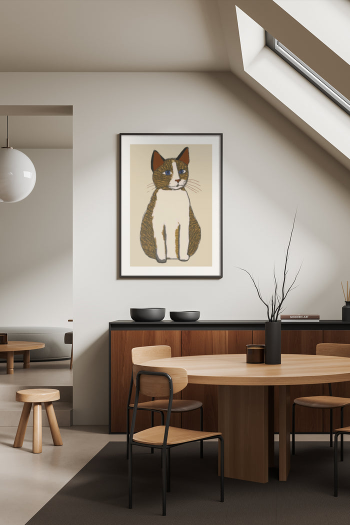 Minimalist cat illustration poster in a stylish modern dining room setting