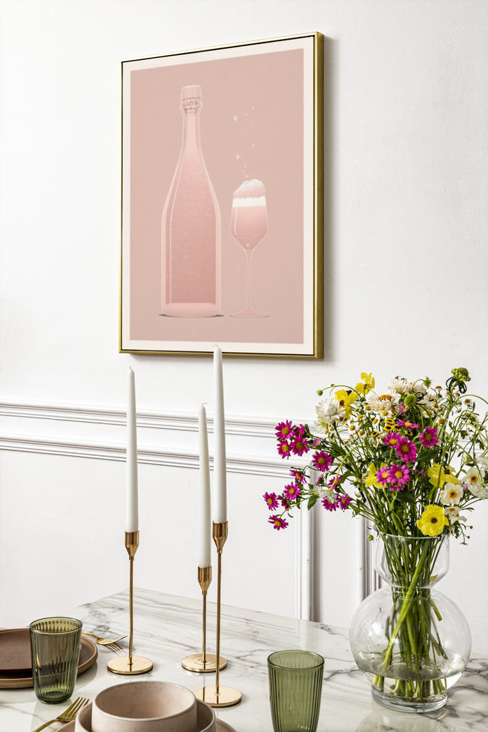 Minimalist Champagne Bottle and Glass Artwork in a Modern Dining Room Setting