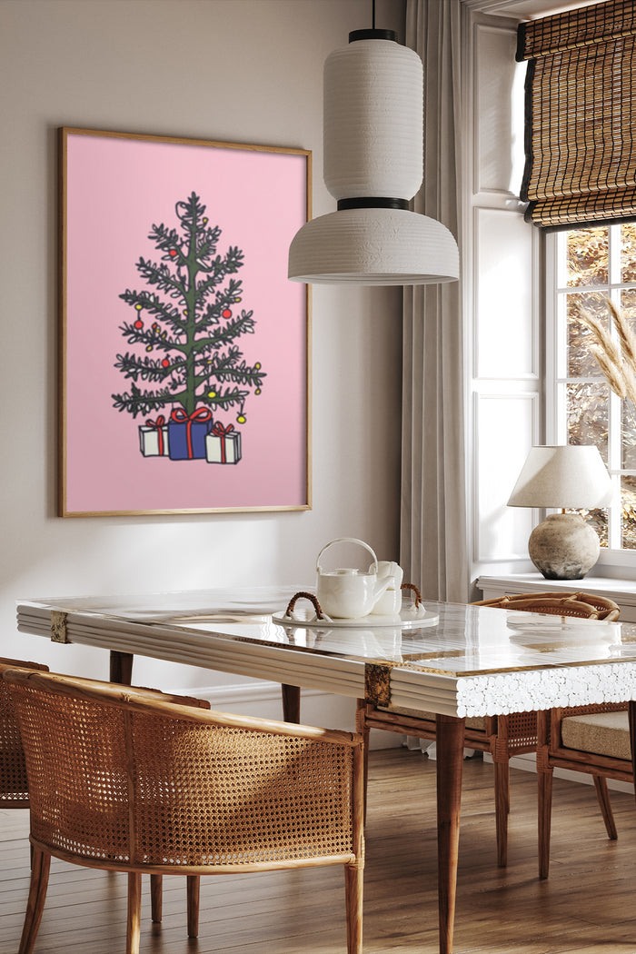 Minimalist Christmas tree with gifts poster art in a stylish dining room interior