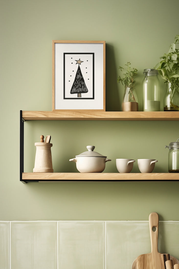 Minimalist black and white Christmas tree poster framed in a modern kitchen setting