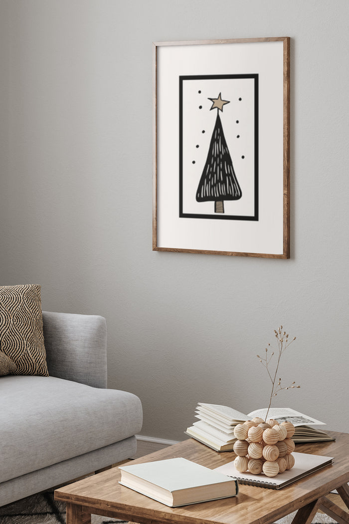 Minimalist Christmas tree artwork with star on top displayed in a cozy modern living room