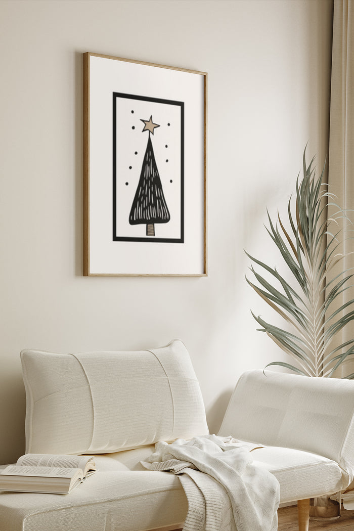 Minimalist Christmas tree poster with a star on top in a modern living room setting