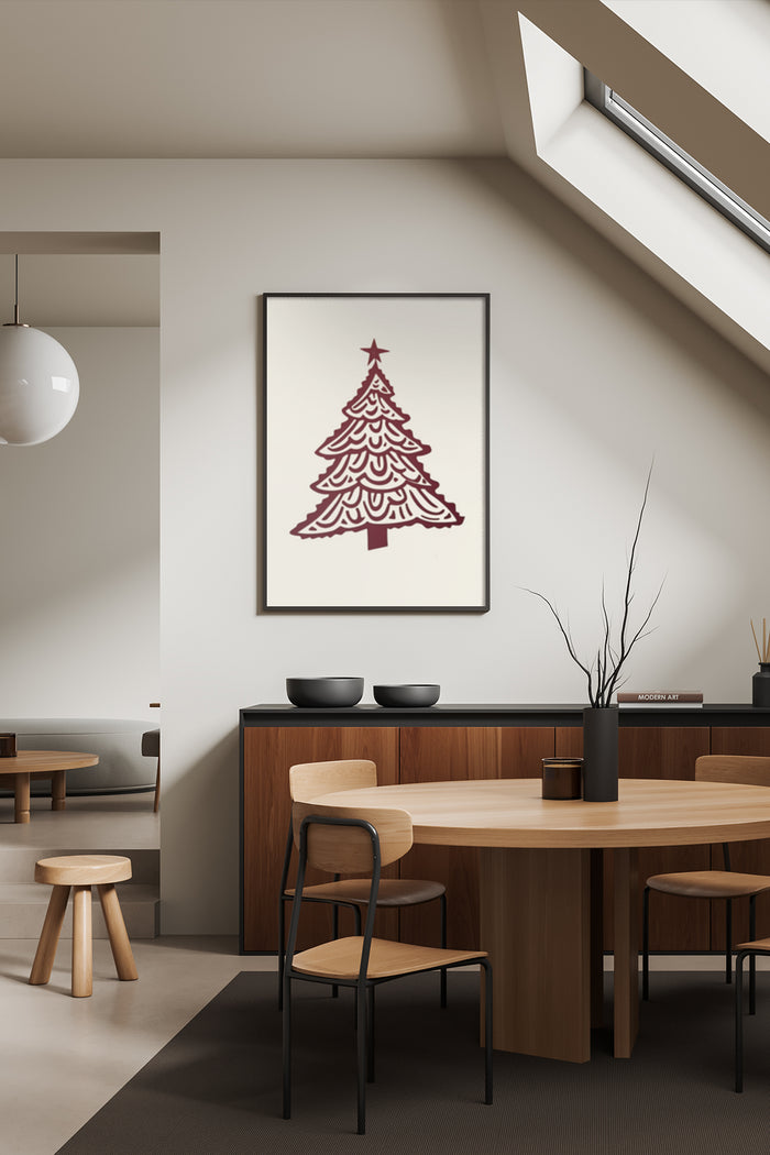 Minimalist Christmas tree artwork poster displayed in a contemporary dining room setting