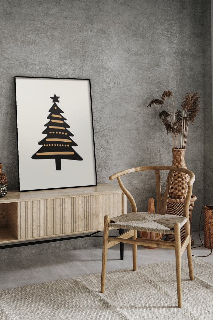 Minimalist Christmas tree poster in a stylish modern living room setting