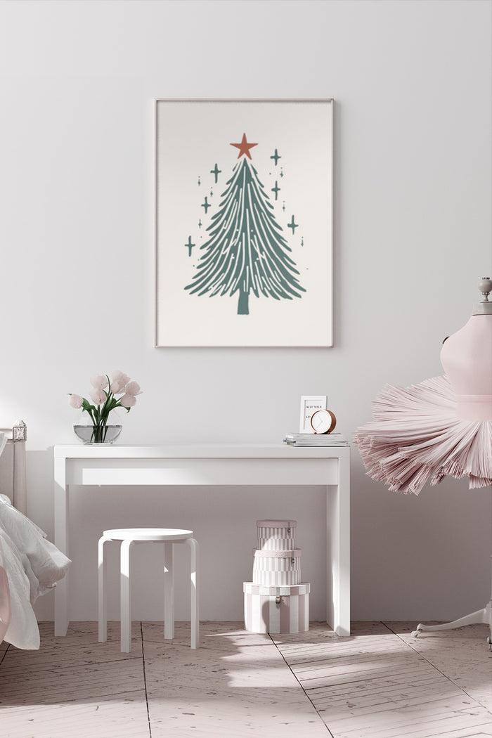 Minimalist Christmas tree with red star poster in modern home interior