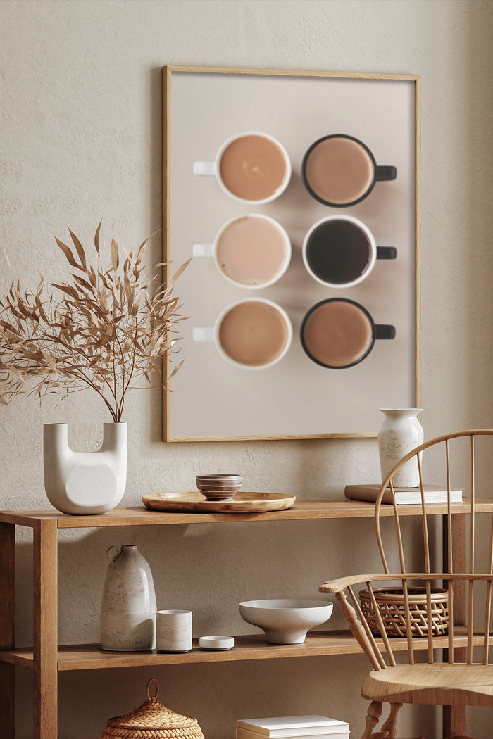Minimalist coffee shades poster art displayed on a wall in a contemporary home setting