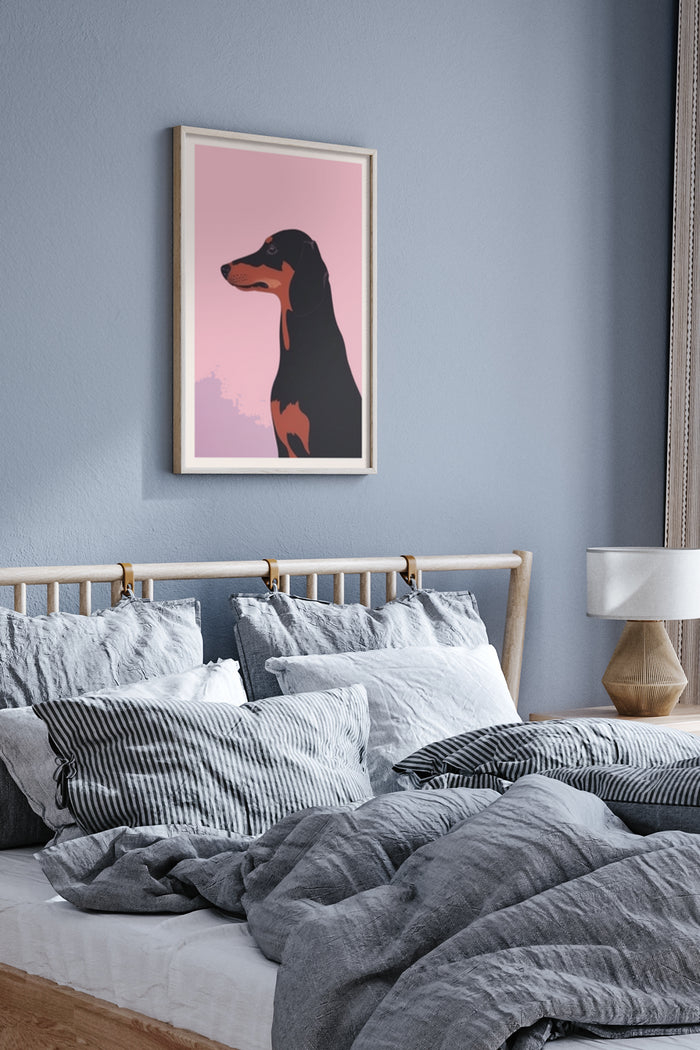 Minimalist Dachshund Dog Poster in Stylish Bedroom Interior