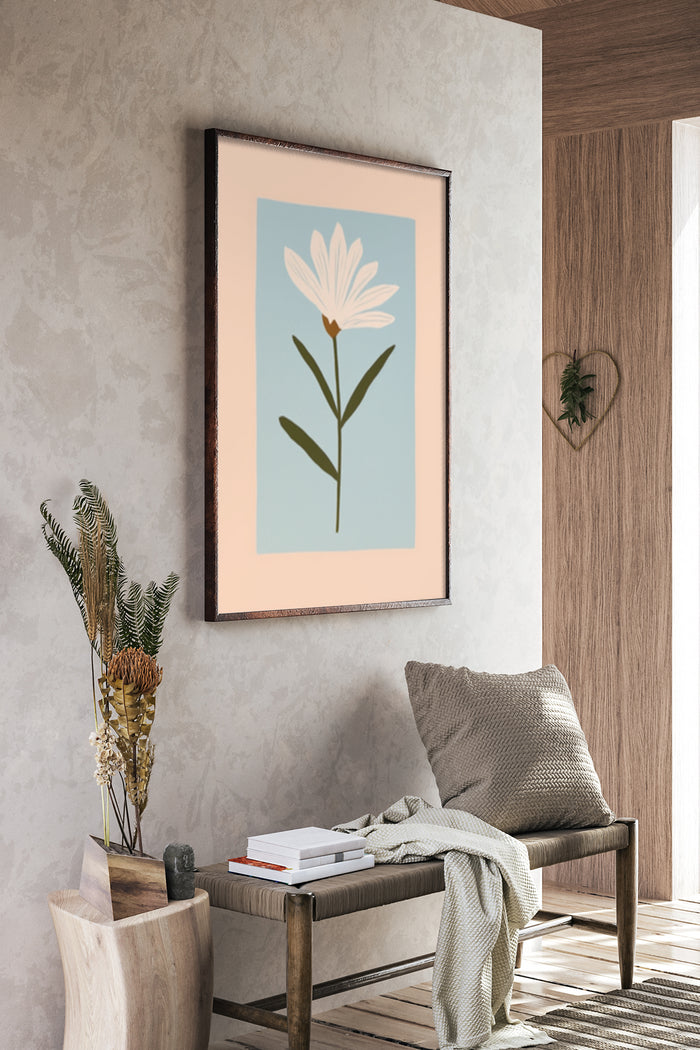 Minimalist white daisy flower poster in a modern home interior setting
