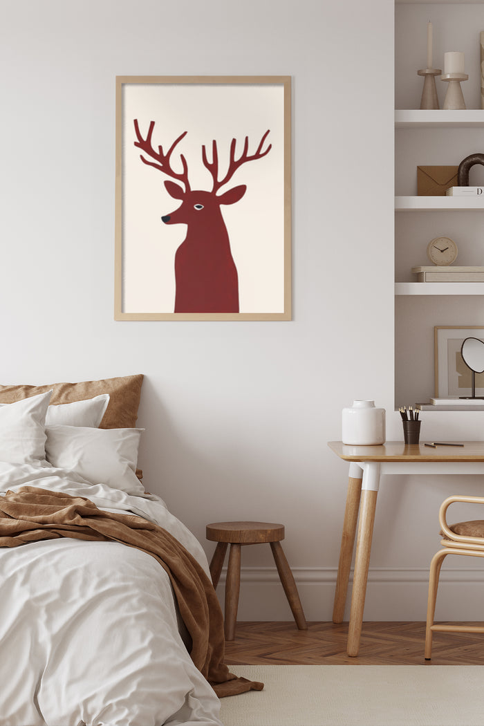 Minimalist red deer graphic art poster framed on bedroom wall