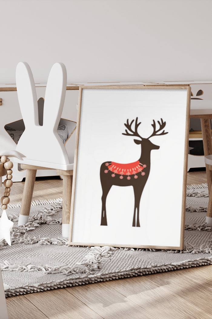 Minimalist deer design poster with decorative garland, displayed in a stylish children's room