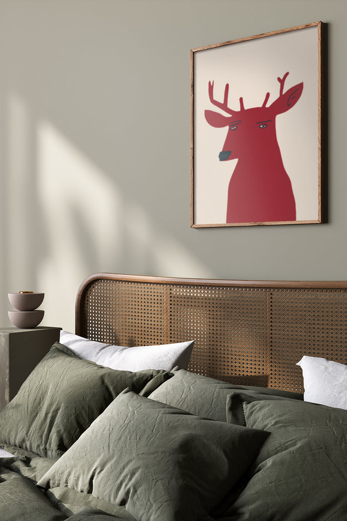 Minimalist red deer illustration in a wooden frame on bedroom wall