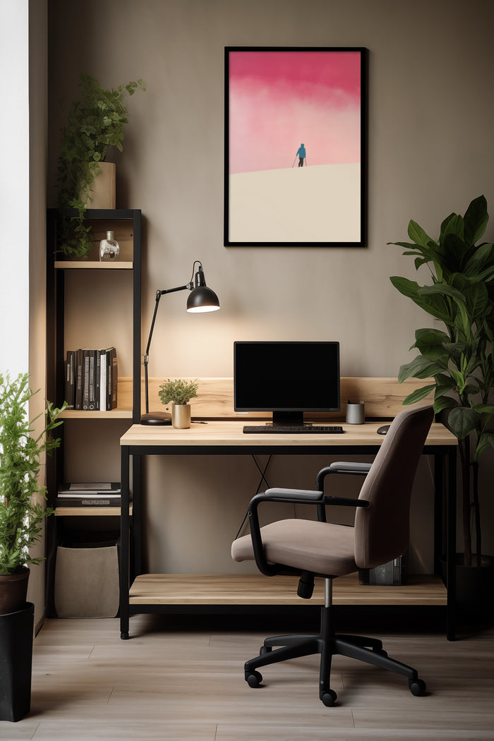 Minimalist poster of a figure in the desert on the wall of a home office with stylish wooden furniture and green plants
