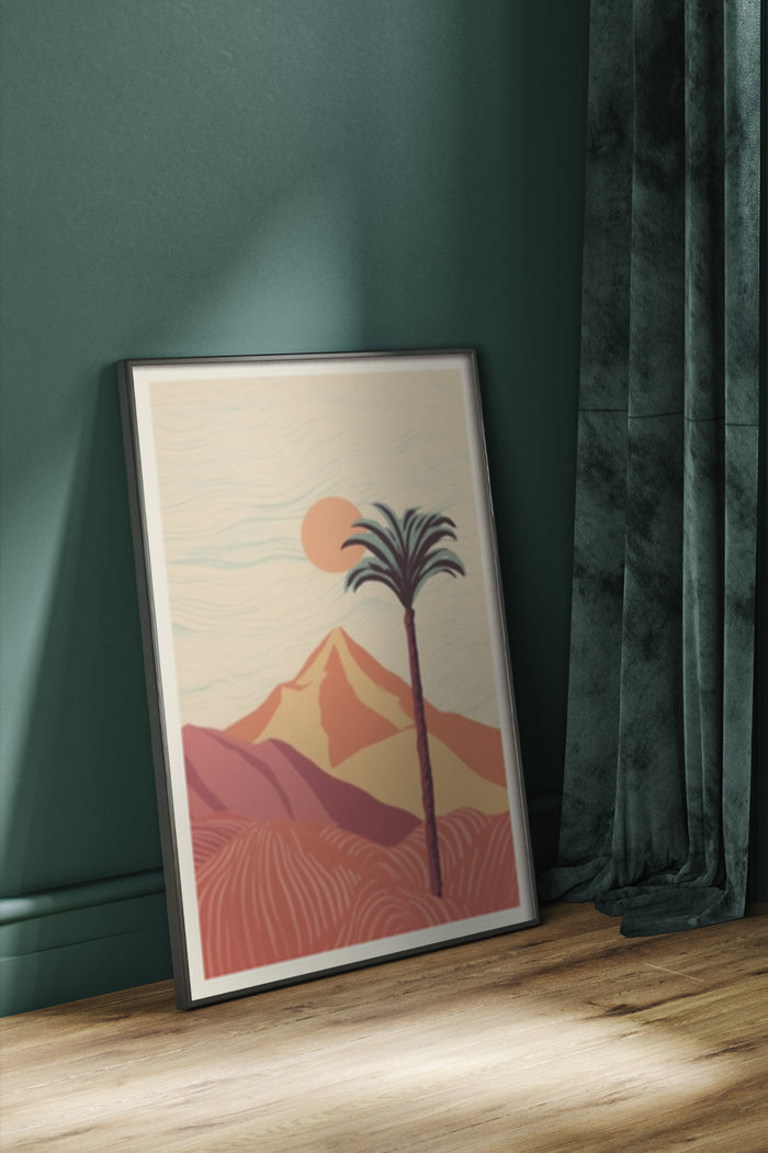 Minimalist desert landscape with sun and palm tree poster framed in a modern interior