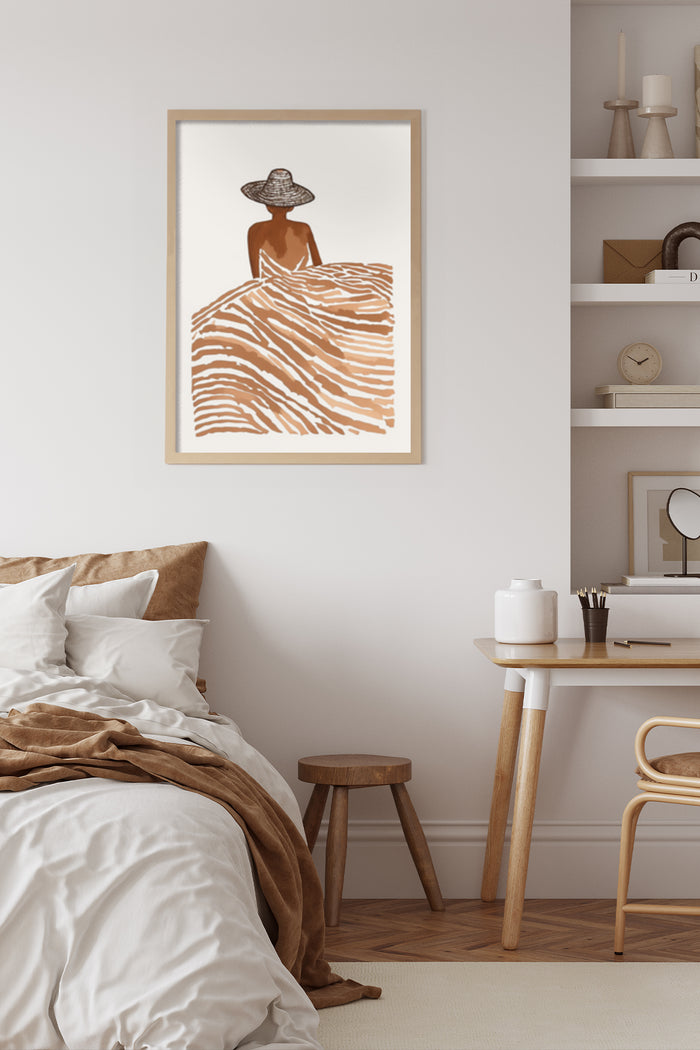 Minimalist Desert Landscape Artwork Poster with Figure and Striped Sand Dunes Displayed in Modern Bedroom Decor