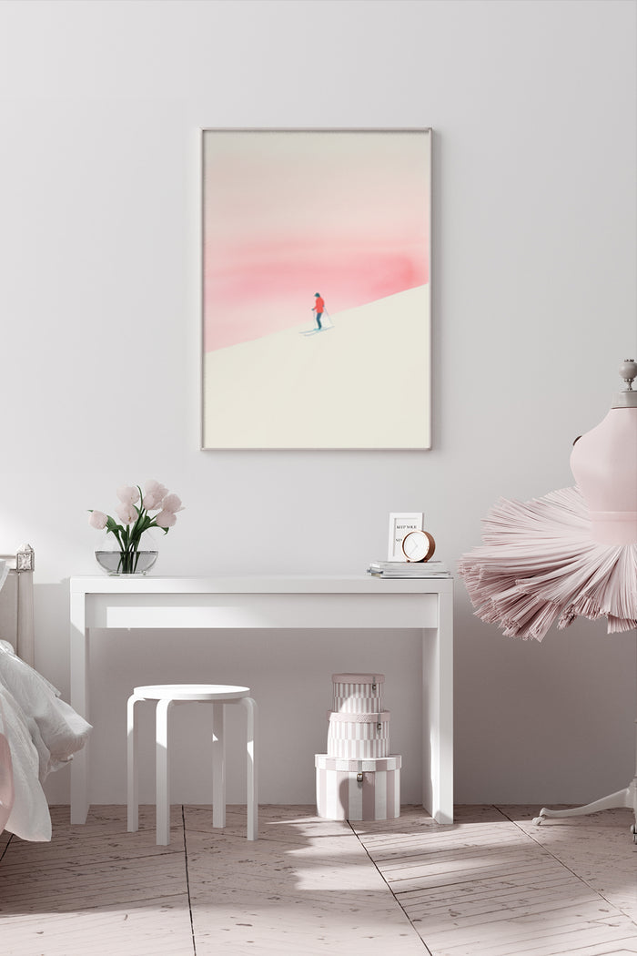 Minimalist desert sunset poster with a figure walking, displayed in a stylish modern bedroom setting
