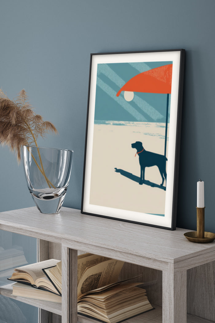 Minimalist Dog Silhouette at Beach Poster Art in Frame
