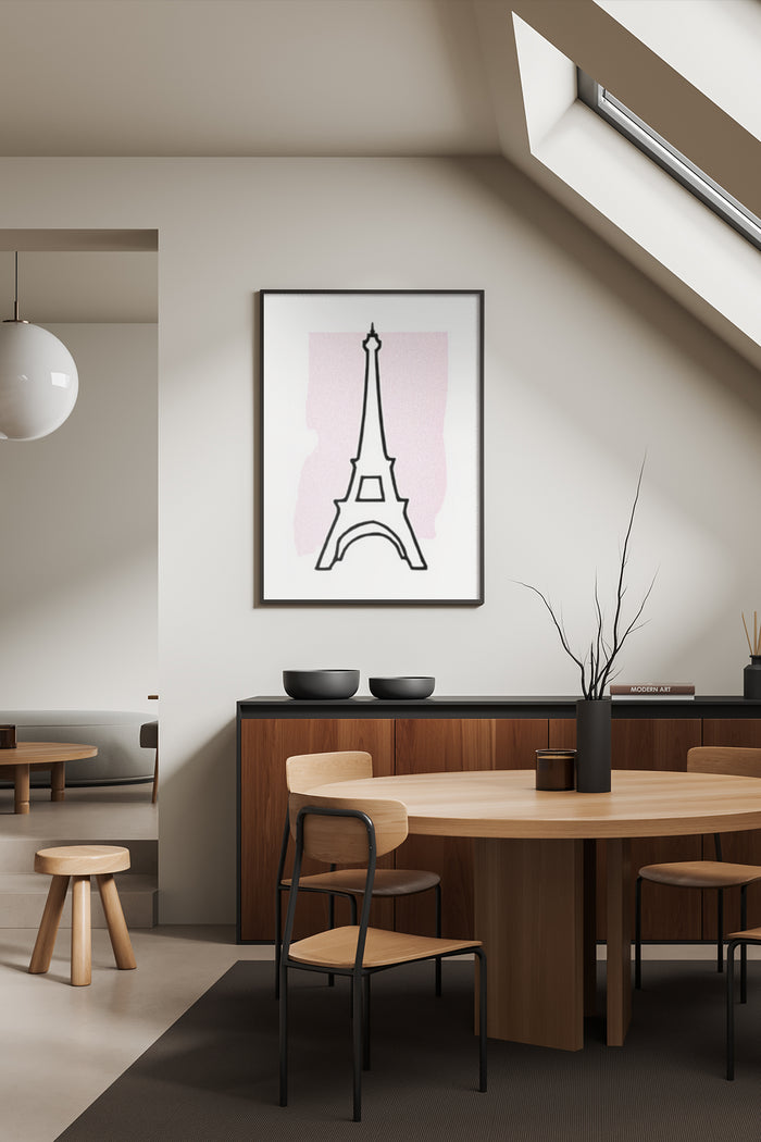 Minimalist Eiffel Tower artwork on wall in a stylish contemporary dining room interior