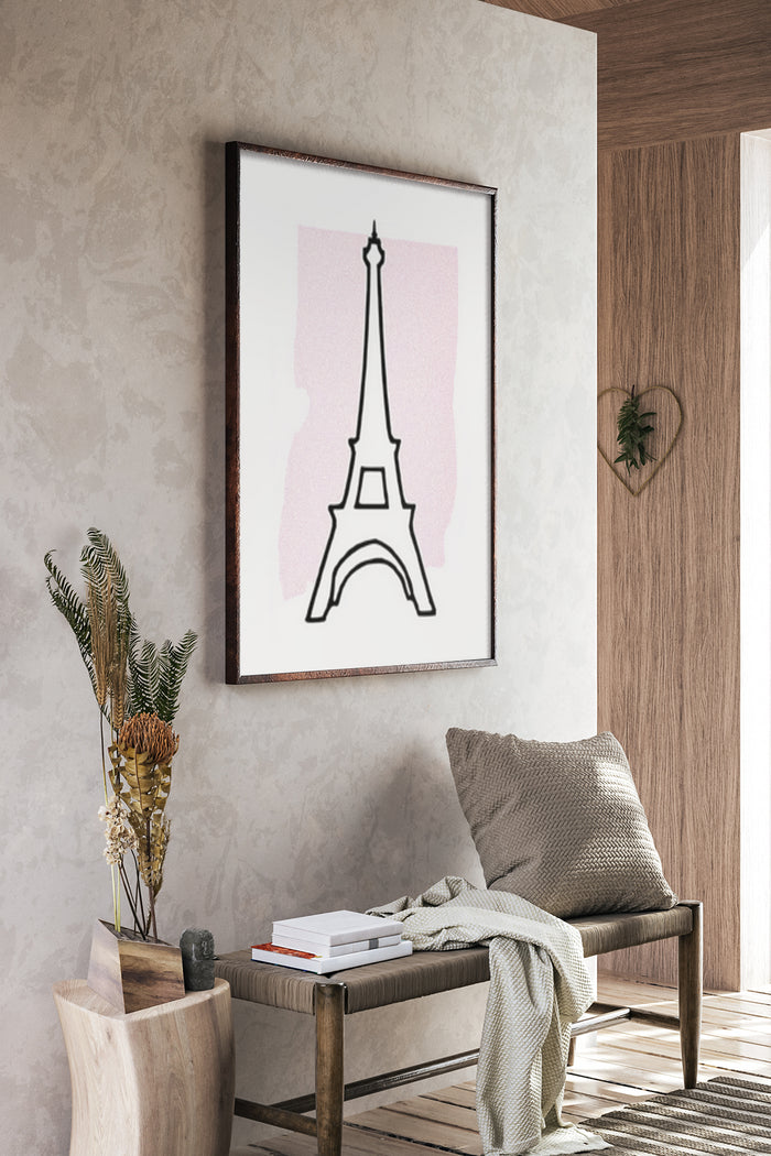 Minimalist design poster of Eiffel Tower displayed in a stylish modern room