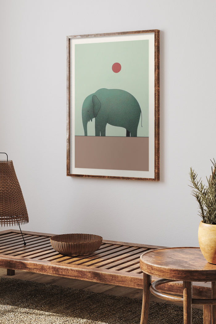 Stylish minimalist elephant poster with red sun background framed on a living room wall