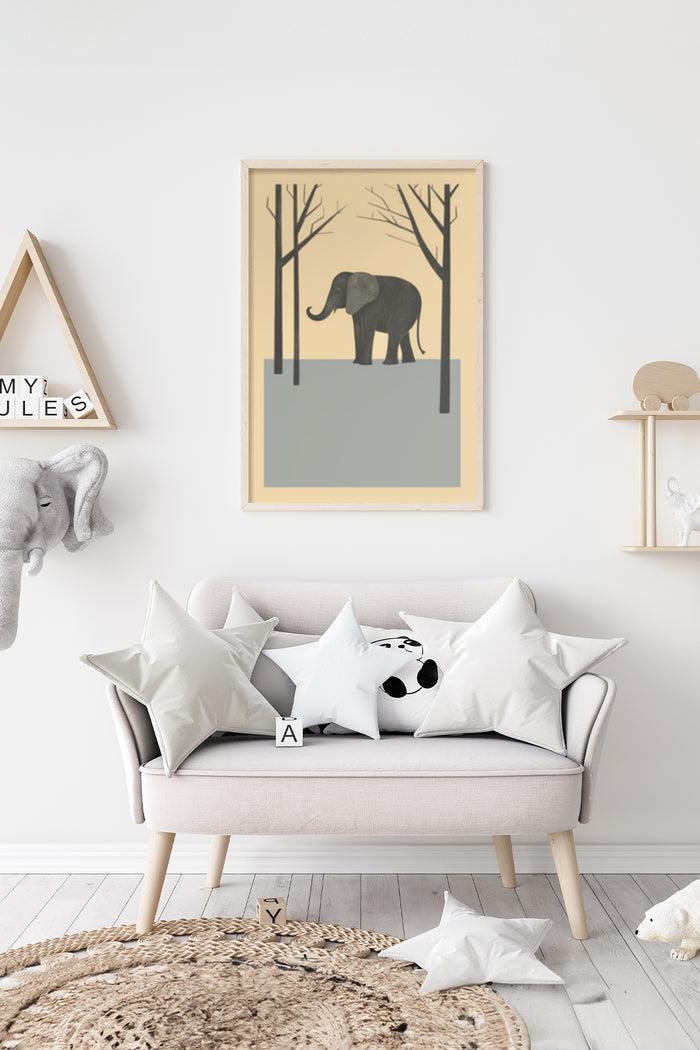 Minimalist elephant artwork poster displayed in a modern living room setting