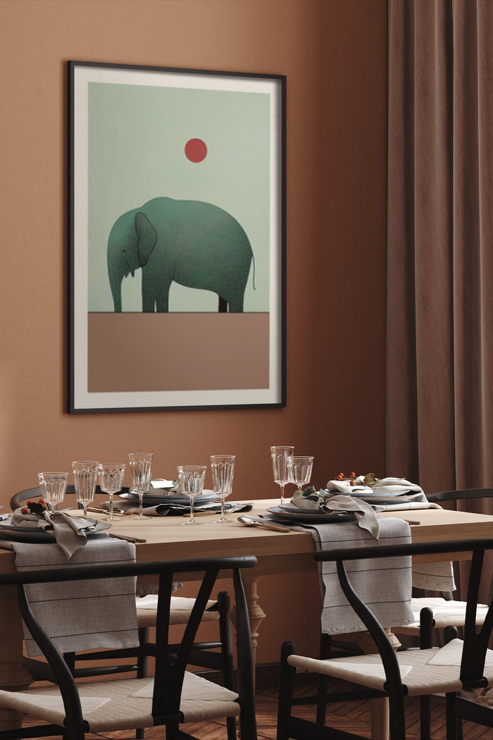 Minimalist Elephant Poster with Red Dot Modern Artwork in Dining Room