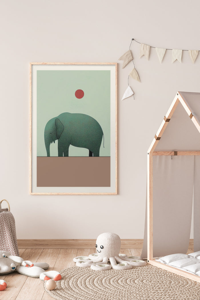 Minimalist elephant silhouette with red sun in a framed poster on nursery room wall