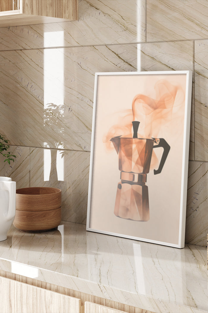 Minimalist espresso maker poster design displayed in a modern kitchen setting