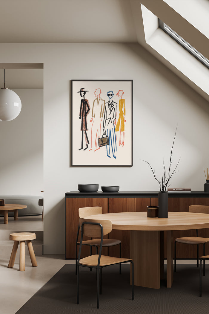 Stylish minimalist fashion sketch poster displayed in contemporary dining room