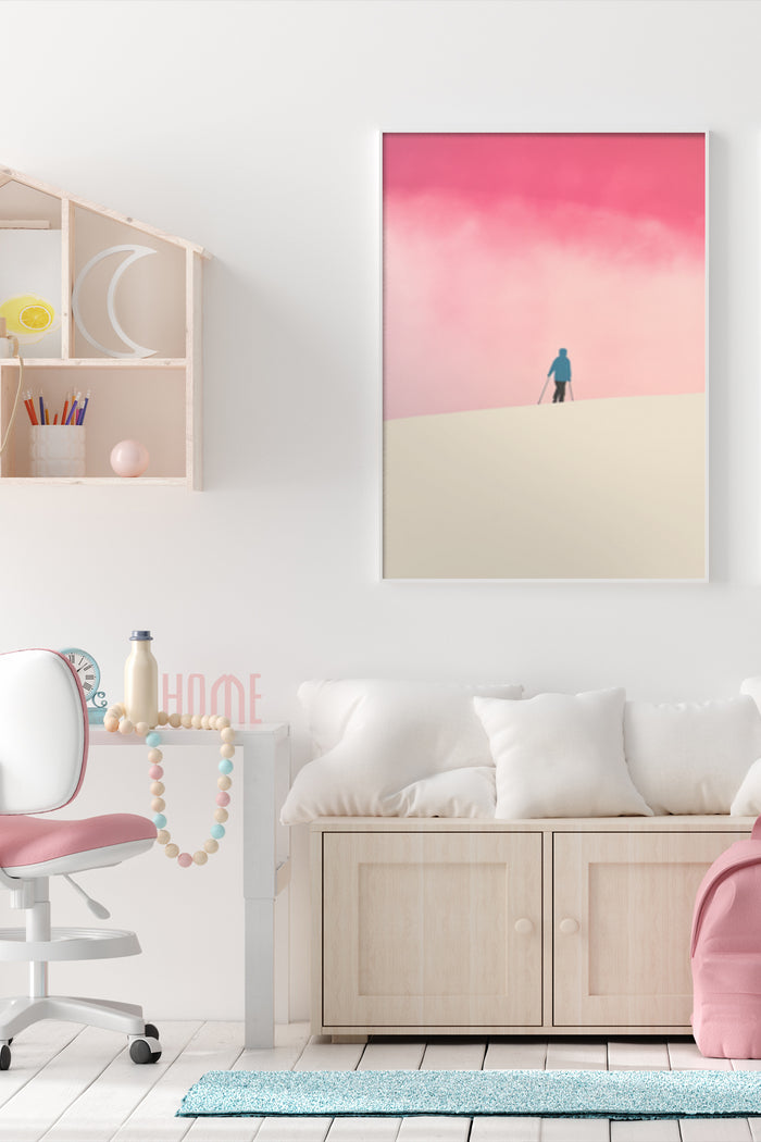 Minimalist art poster of a figure standing on a sand dune under a pink sky in a modern home interior