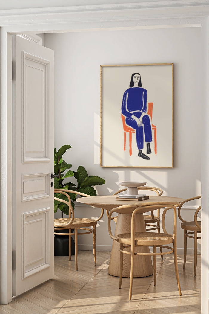 Minimalist figure painting in a modern dining room interior, featuring a seated person illustration