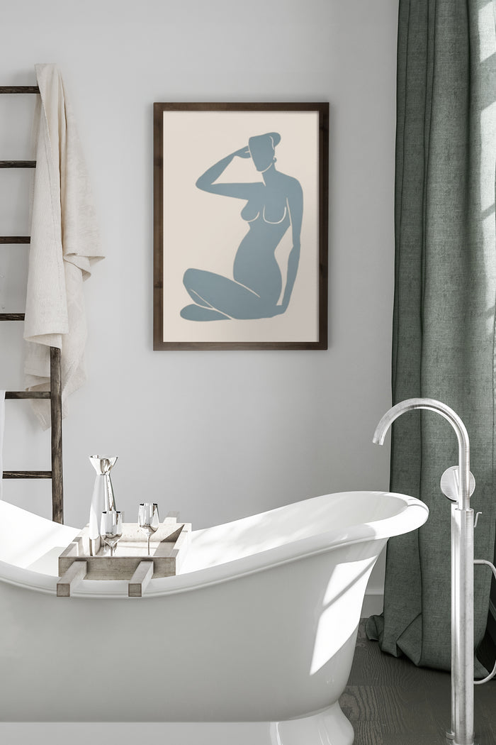 Minimalist Artwork of Female Silhouette Poster Hung Over Bathtub in Contemporary Bathroom Decor