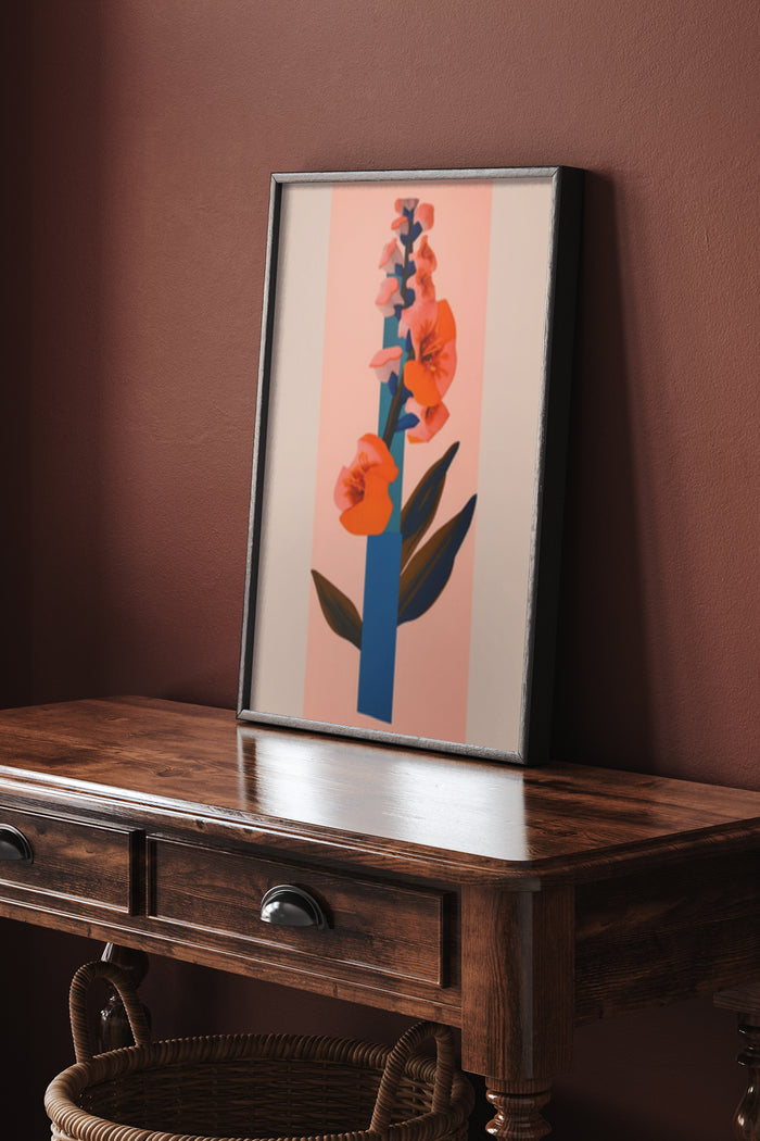 Minimalist floral art poster with orange flowers displayed in a stylish frame