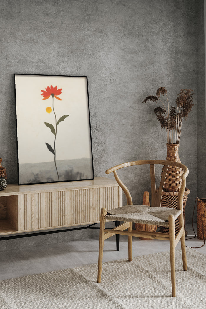 Minimalist red flower artwork poster in stylish contemporary room with wicker chair