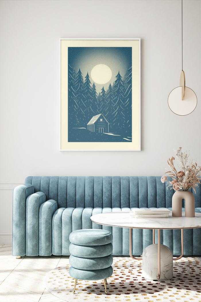 Stylized minimalist poster of a forest under a night sky with full moon above a solitary cabin