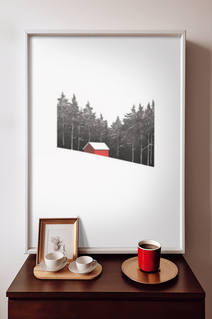 Minimalist black and white forest poster featuring a solitary red cabin, displayed above a wooden side table with coffee cup and saucer