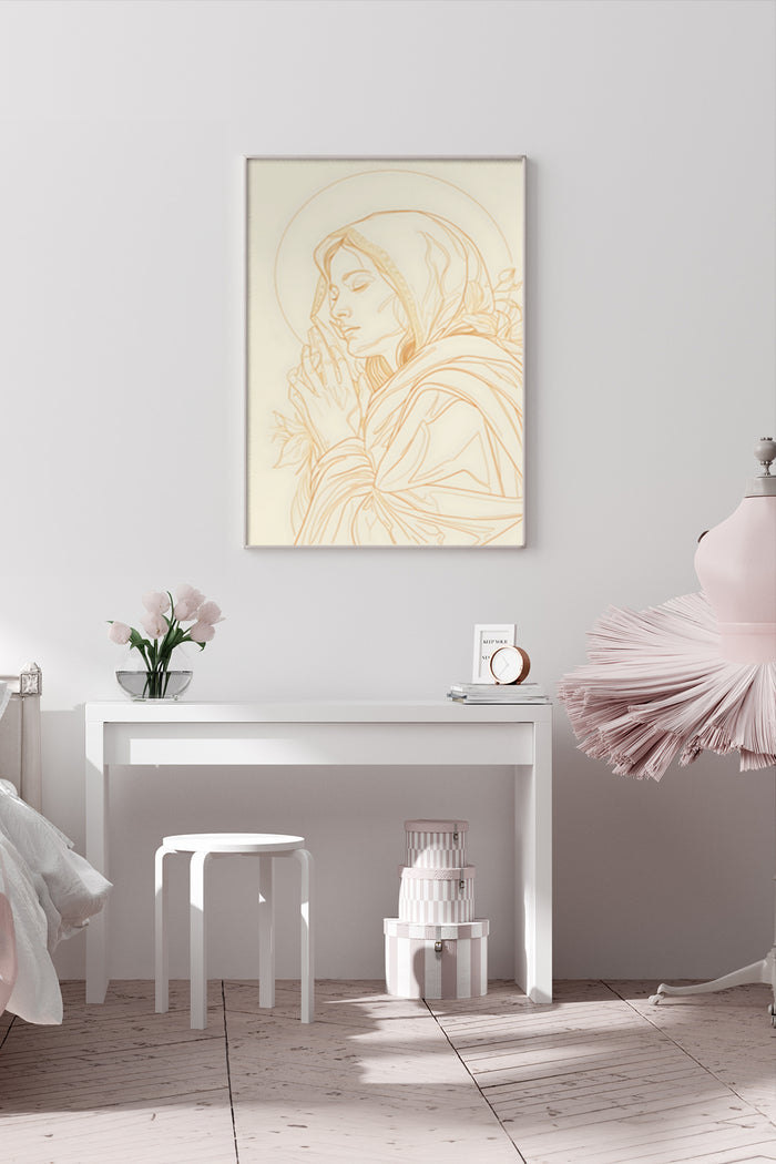Minimalist Golden Line Art of Praying Woman on Poster in Modern Bedroom Decor