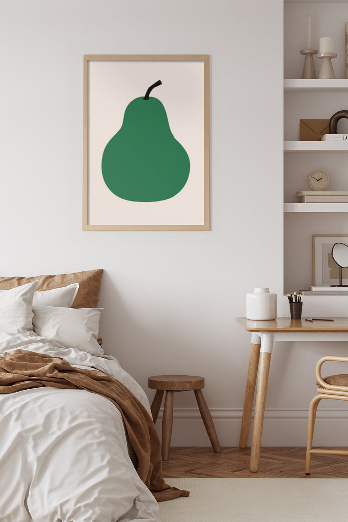 Minimalist Green Pear Artwork Poster in Modern Bedroom Interior