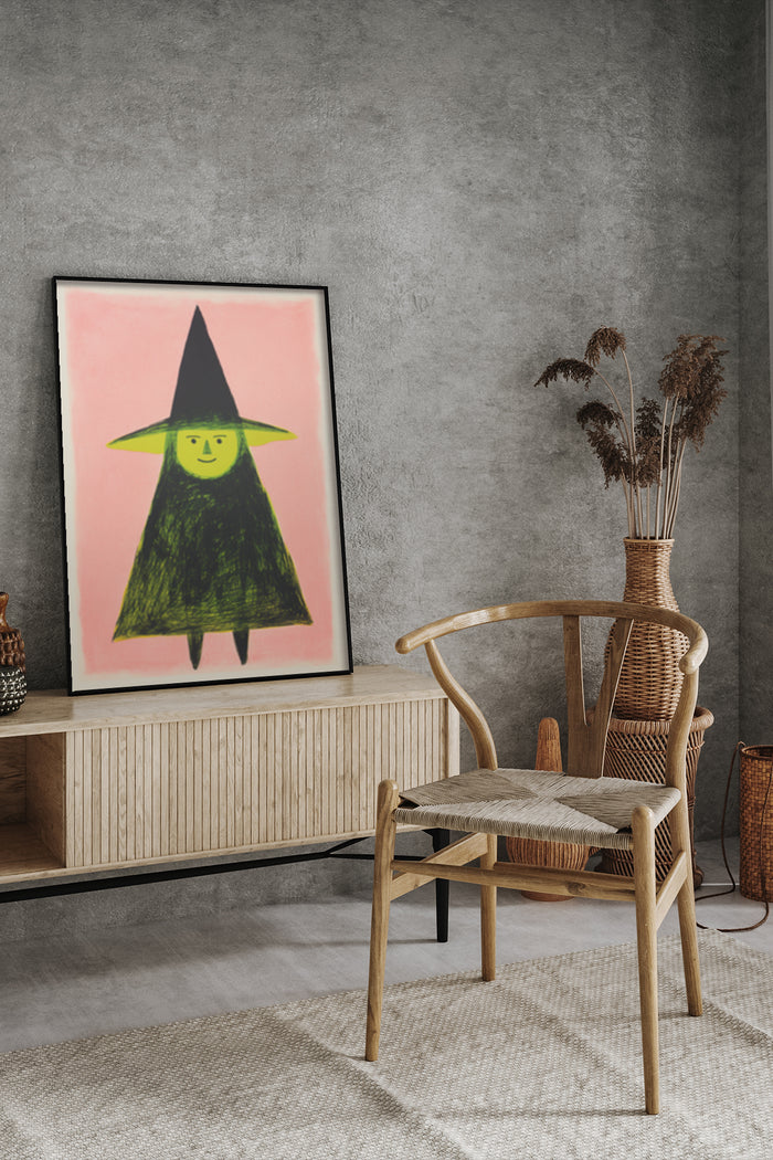 Minimalist green witch artwork in a contemporary living room setting