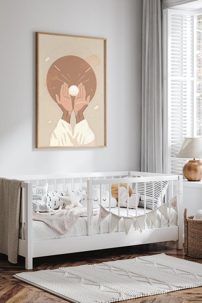 Minimalist illustration of hands holding a sun, modern artwork poster in a stylish bedroom setting