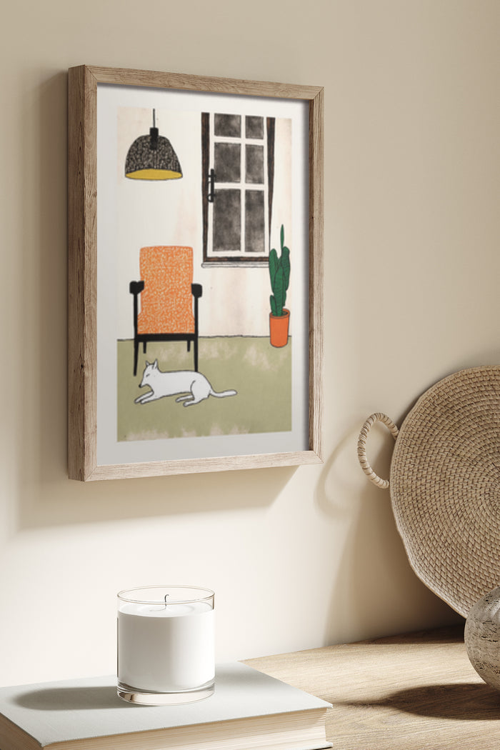 Minimalist interior design art poster featuring an orange chair, potted cactus, and white cat in a stylish frame