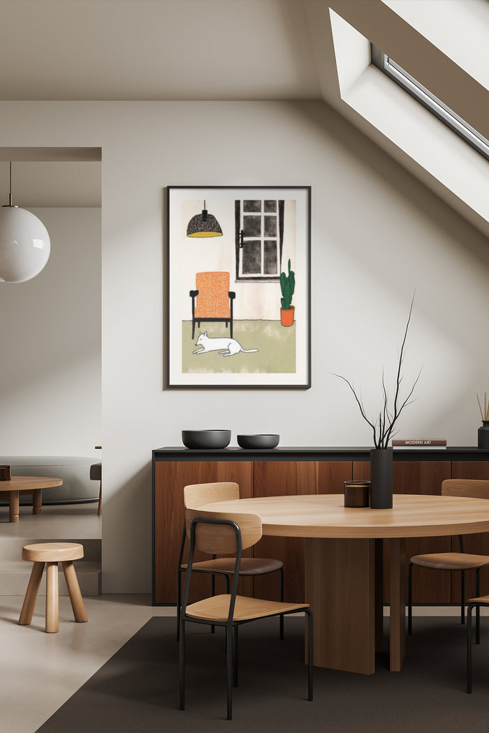 Minimalist art poster hanging in dining room with chair and potted plant illustration