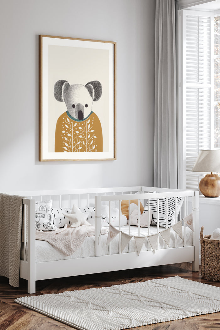 Minimalist Koala Art Poster Hung Above White Crib in Stylish Nursery Room