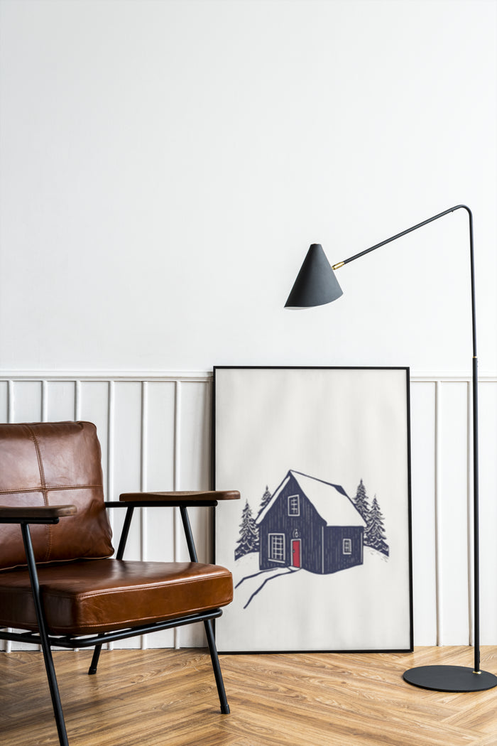 Minimalist artwork of a mountain cabin in a contemporary interior setting with brown leather chair