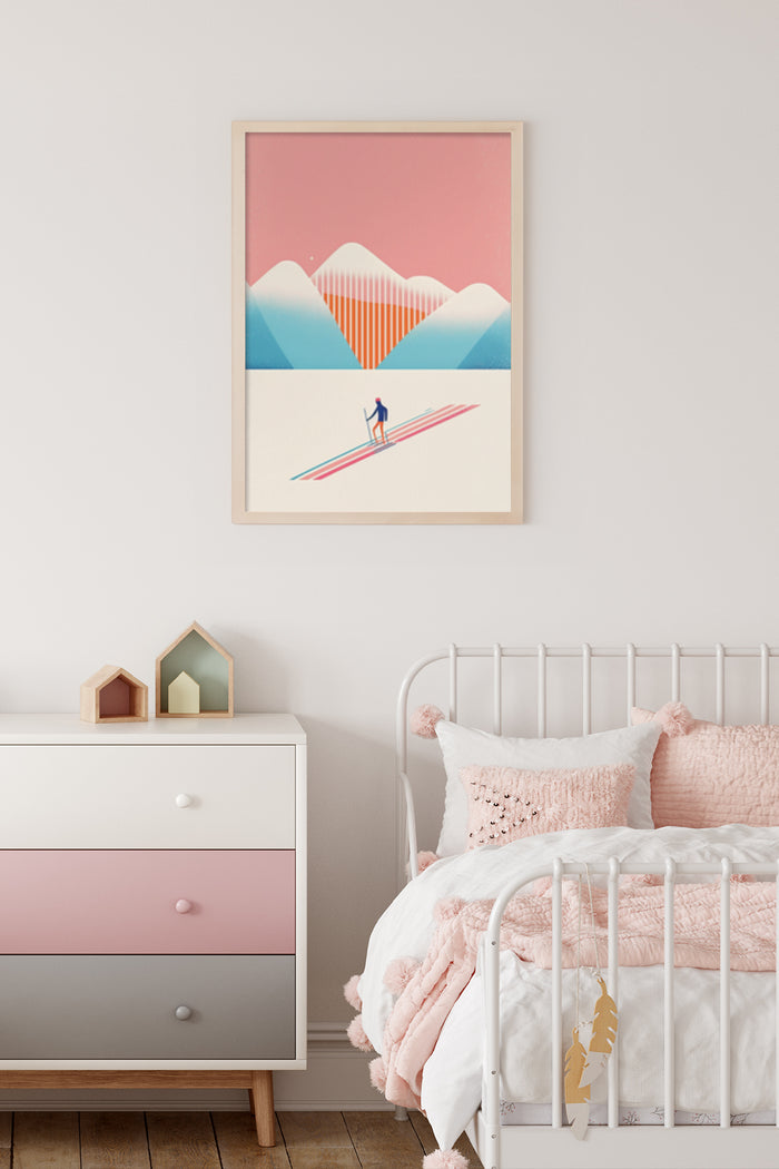 Minimalist mountain landscape with skier art poster in chic bedroom interior
