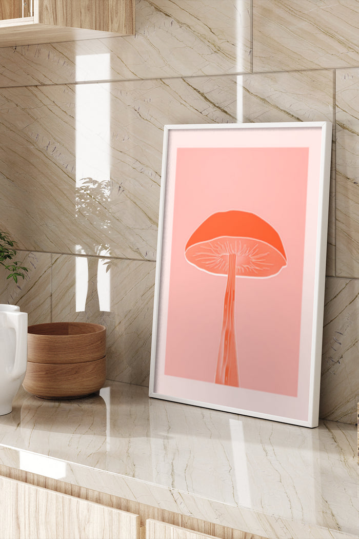 Minimalist red mushroom illustration in a modern home interior poster design
