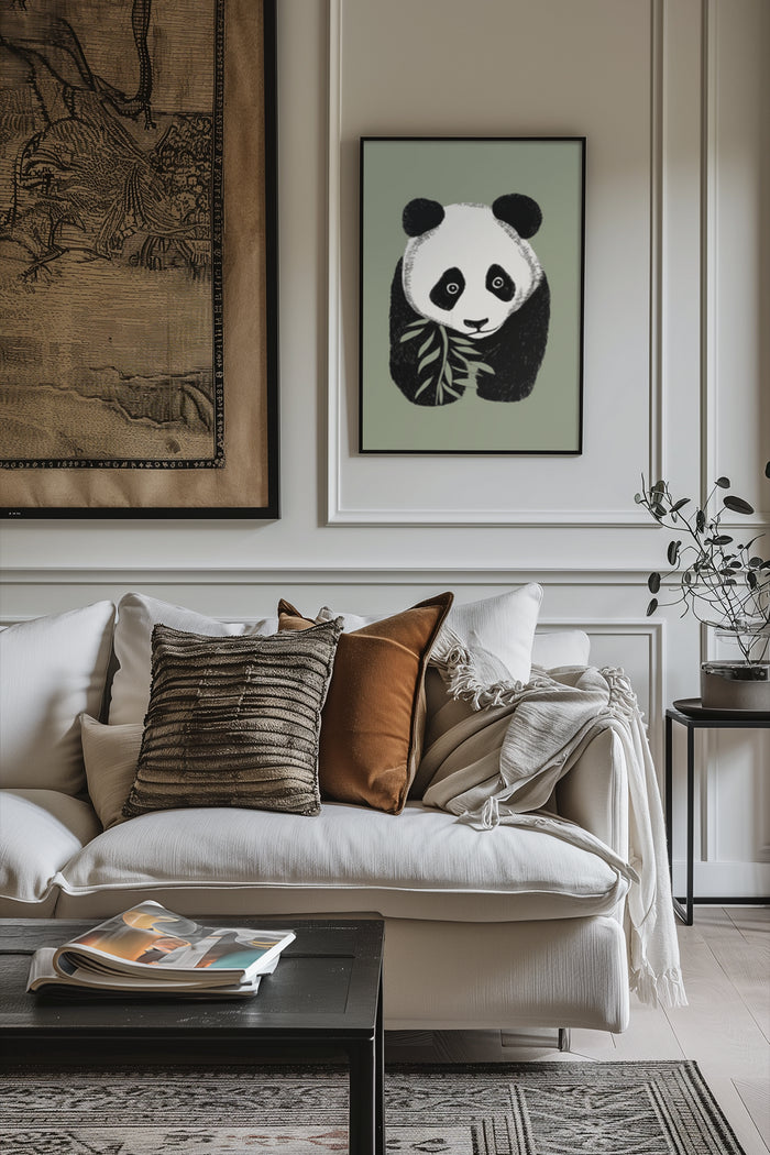 Minimalist Panda Art Poster Displayed in Contemporary Living Room Interior