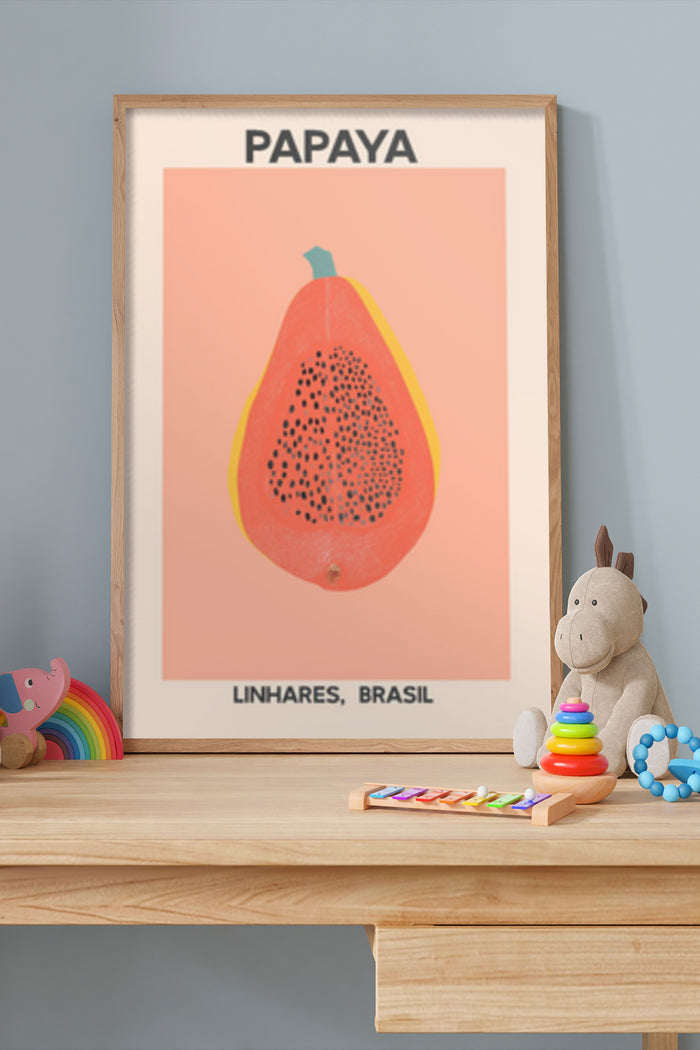 Minimalist Papaya Art Poster from Linhares, Brasil on display