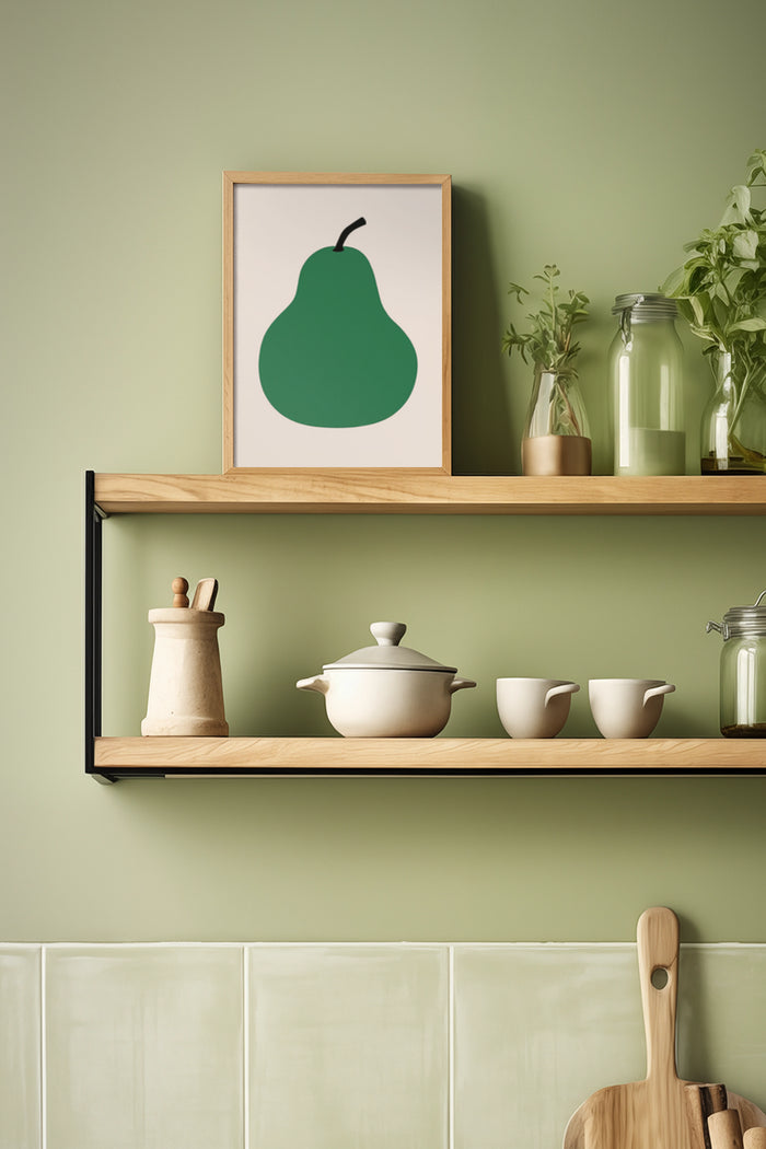 Minimalist green pear poster framed on kitchen shelf with ceramic dishes