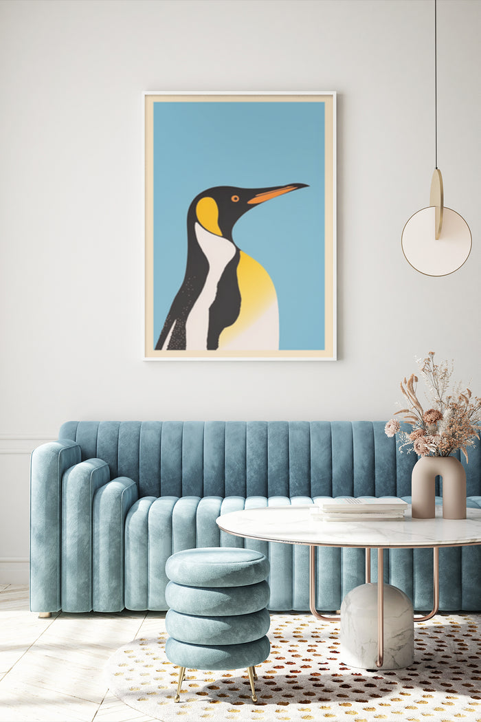 Minimalist penguin artwork in a stylish modern living room interior